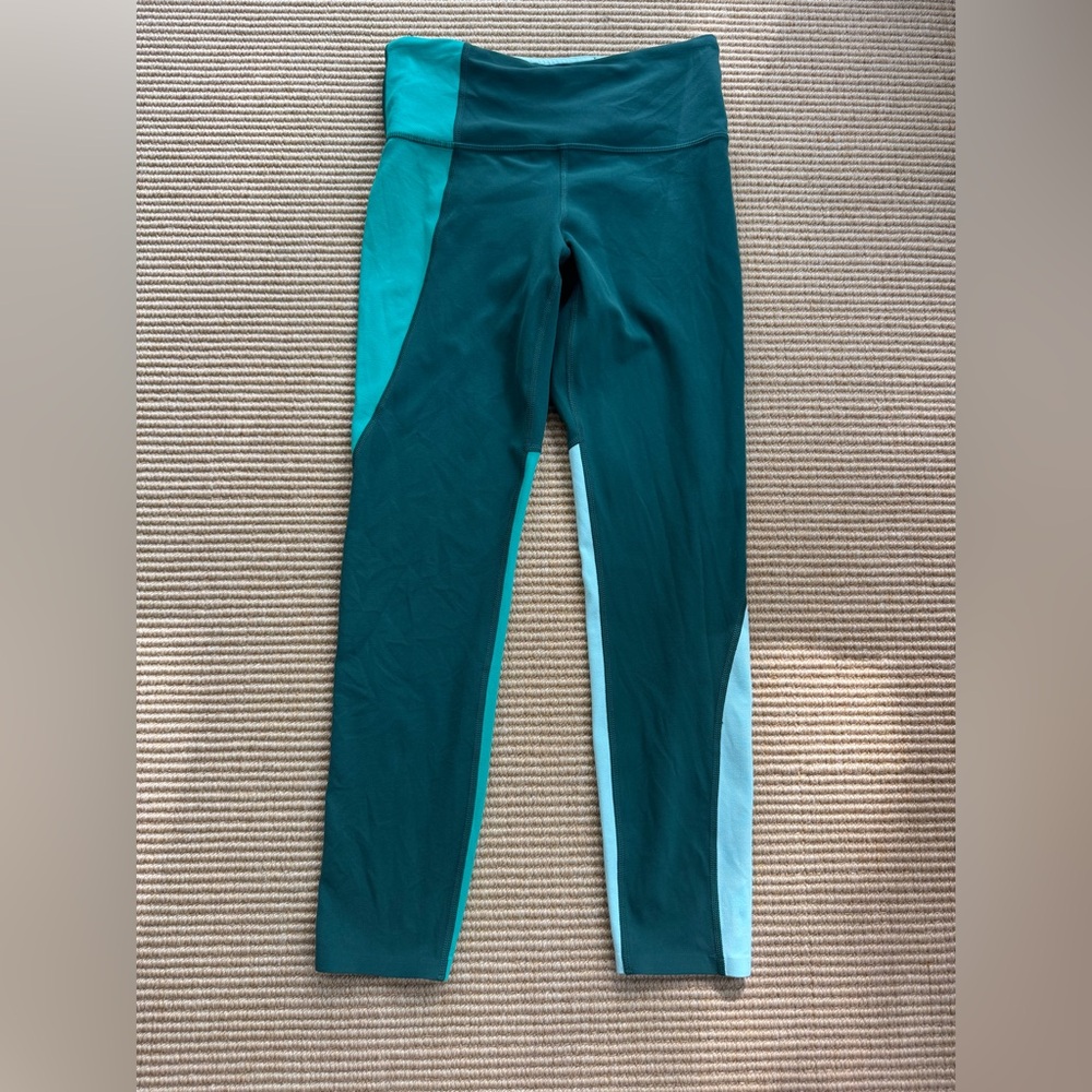 Athleta Elation Asym 7/8 Tights Green Colorblock Yoga Pants Powervita Small